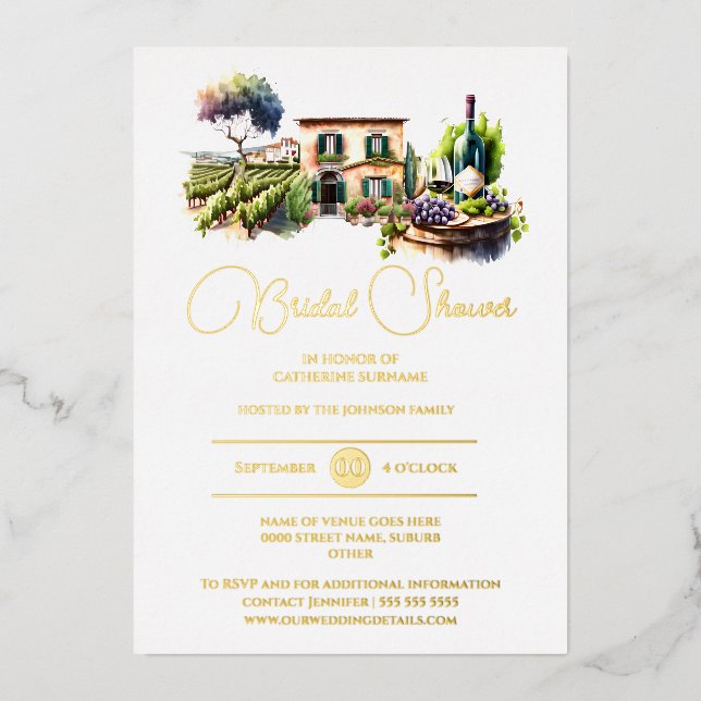 Real foil rustic winery landscape gold bridal foil invitation (Front)