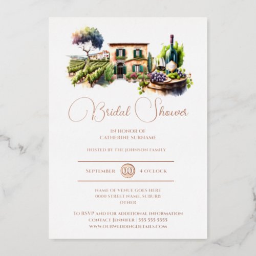 Real foil rustic winery landscape rose gold bridal foil invitation