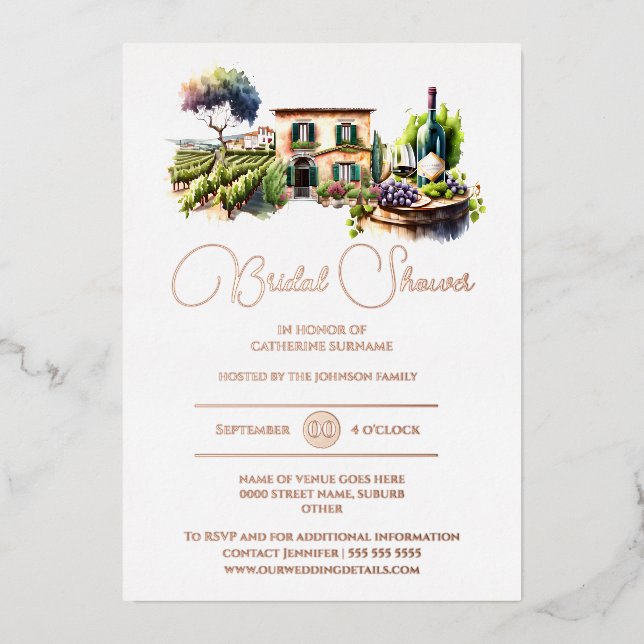 Real foil rustic winery landscape rose gold bridal foil invitation (Front)