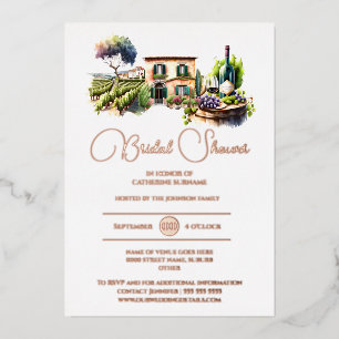 Real foil rustic winery landscape rose gold bridal invitation