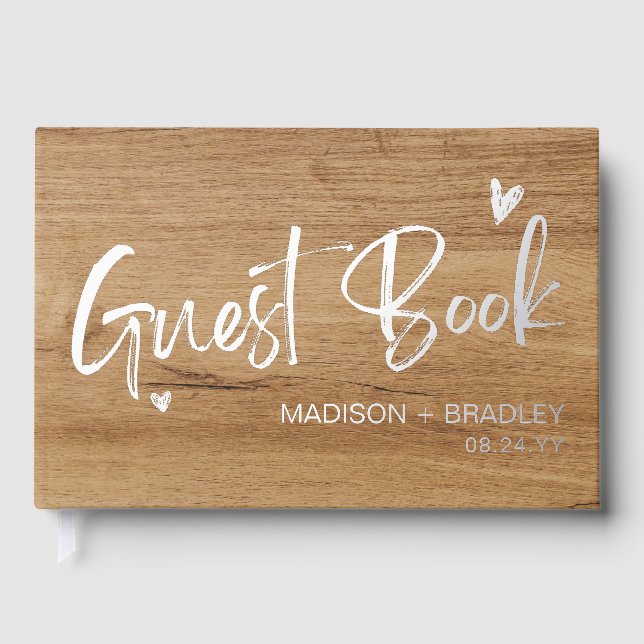Real Foil Silver Calligraphy Script Wooden Wedding Guest Book (Front)
