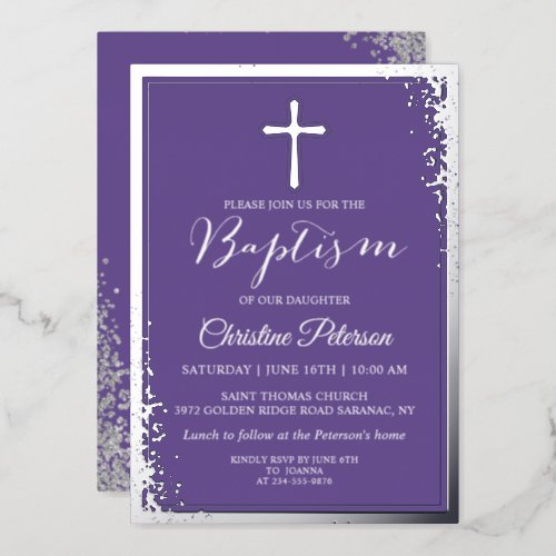 Real Foil Silver Glitter Lavender Purple Baptism  Foil Invitation