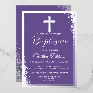 Real Foil Silver Glitter Lavender Purple Baptism  Invitation