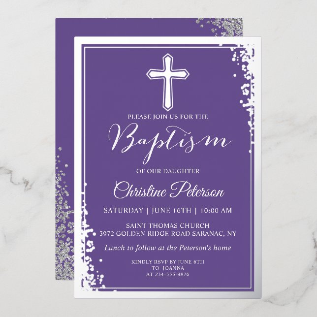Real Foil Silver Glitter Lavender Purple Baptism  Invitation (Front/Back)