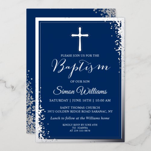 Real Foil Silver Glitter Navy Blue Boy Baptism Foil Invitation