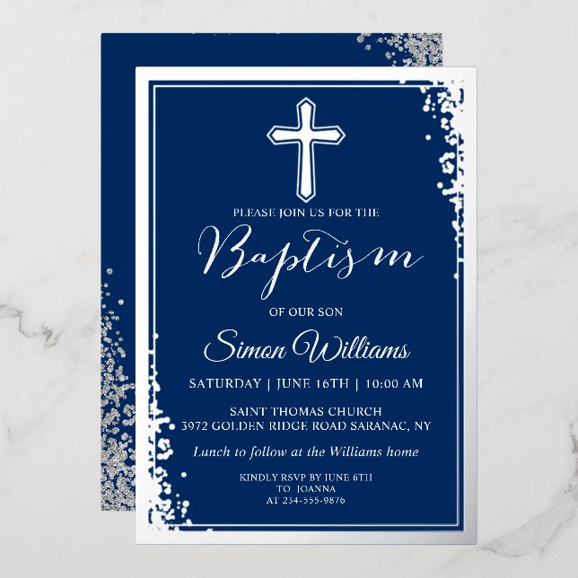 Real Foil Silver Glitter Navy Blue Boy Baptism Foil Invitation (Front/Back)