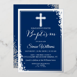 Real Foil Silver Glitter Navy Blue Boy Baptism Invitation