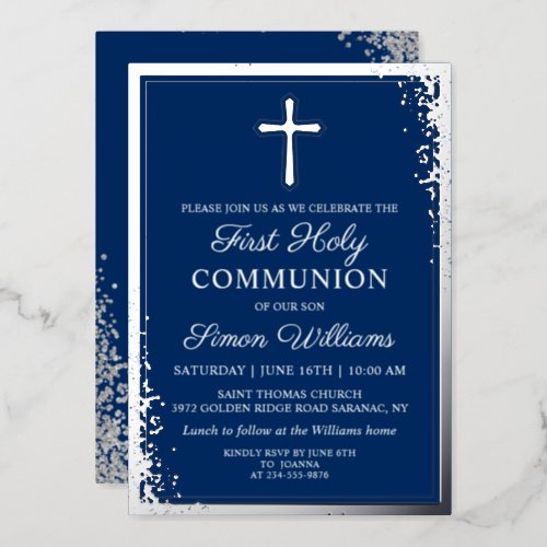 Real Foil Silver Glitter Navy Blue First Communion Foil Invitation