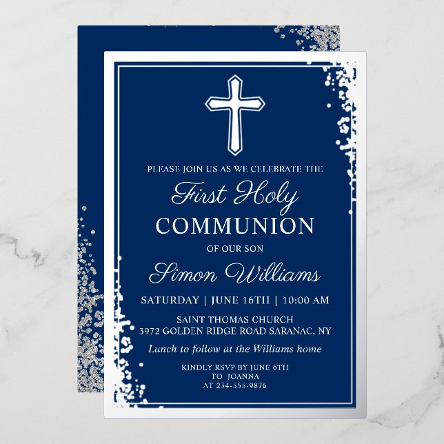 Real Foil Silver Glitter Navy Blue First Communion Invitation (Front/Back)