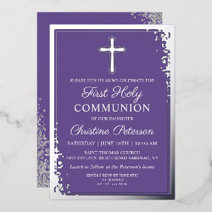 Real Foil Silver Lavender Purple First Communion Foil Invitation