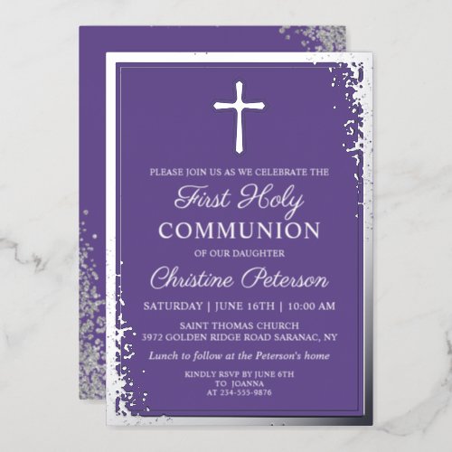 Real Foil Silver Lavender Purple First Communion Foil Invitation