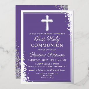 Real Foil Silver Lavender Purple First Communion Invitation