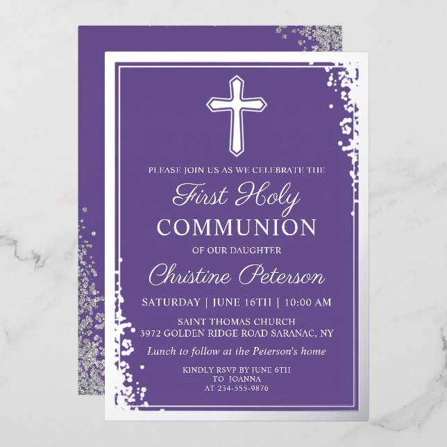 Real Foil Silver Lavender Purple First Communion Invitation (Front/Back)