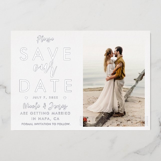 Real Foil Silver Save The Date Photo Engagement Foil Invitation (Front)