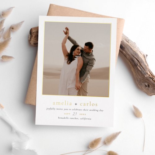 Real Foil  Simple Typography Modern Photo Wedding Foil Invitation