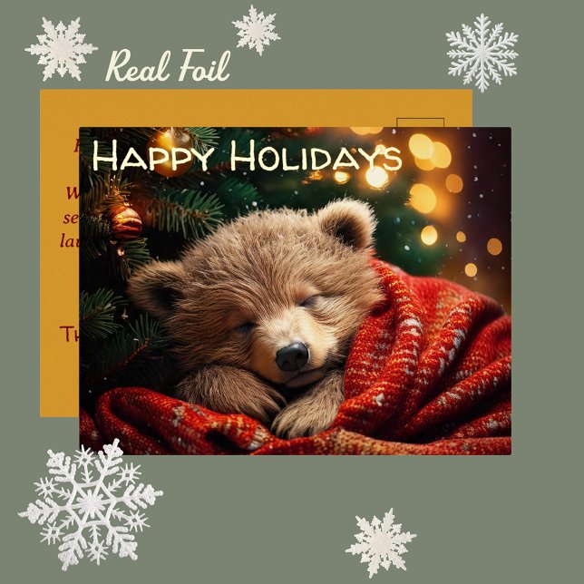 Real Foil Sleeping Bear Cub | Christmas Holiday (Sleeping Bear Cub Real Foil Christmas Holiday Postcard. Happy Mail Snail Mail Pen Pal greeting card)