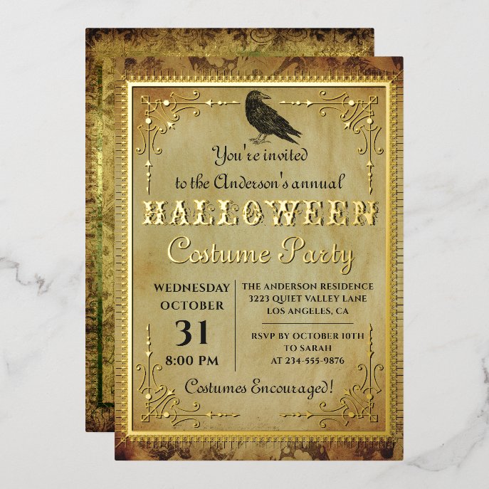 Real Foil Spooky Vintage Gothic Halloween Party Foil Invitation