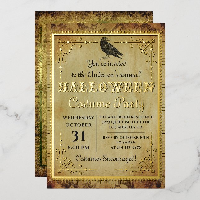 Real Foil Spooky Vintage Gothic Halloween Party Invitation (Front/Back)
