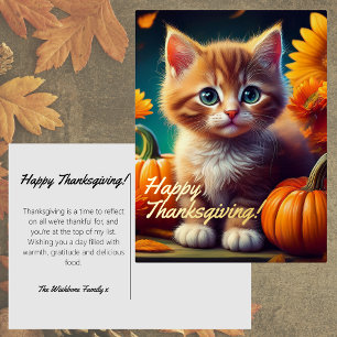 Real Foil Thanksgiving   Whimsical Orange Cat Art Holiday Postcard