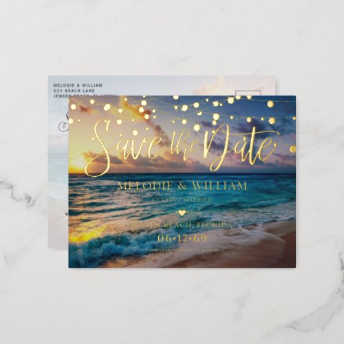 Real Foil Tropical Beach Save the Date Postcard