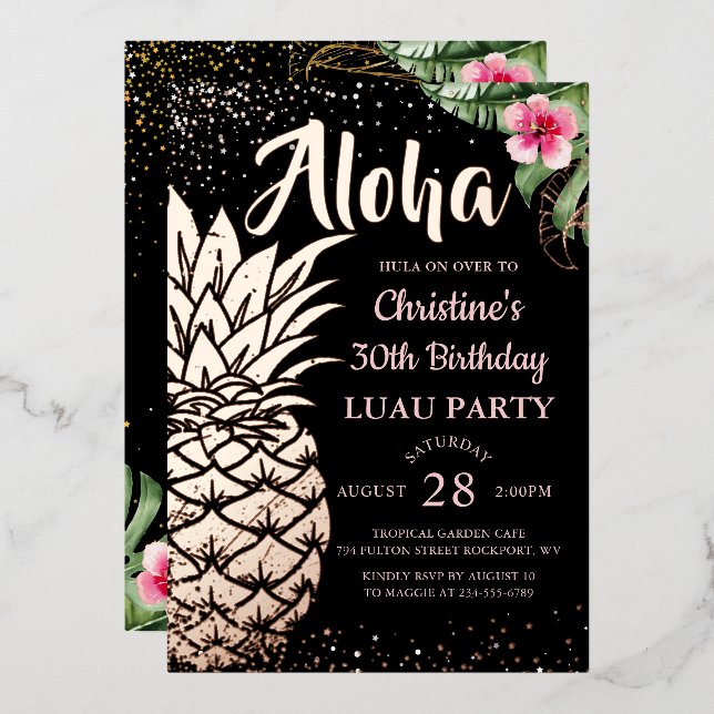 Real Foil Tropical Floral Pineapple Rose Gold  Foil Invitation (Front/Back)