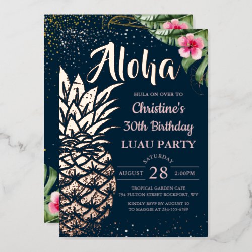 Real Foil Tropical Pineapple Floral Luau Rose Gold Foil Invitation