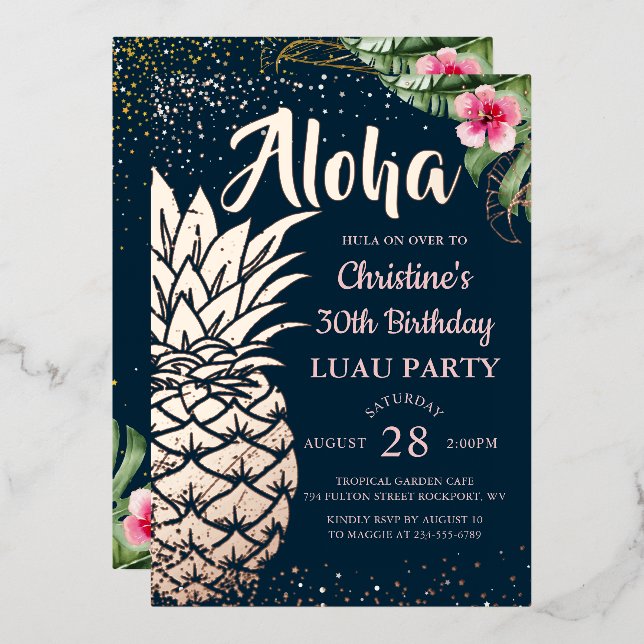 Real Foil Tropical Pineapple Floral Luau Rose Gold Invitation (Front/Back)