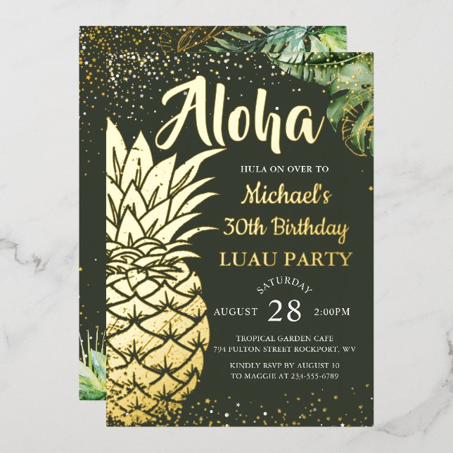 Real Foil Tropical Pineapple  Luau Beach Party Invitation (Front/Back)