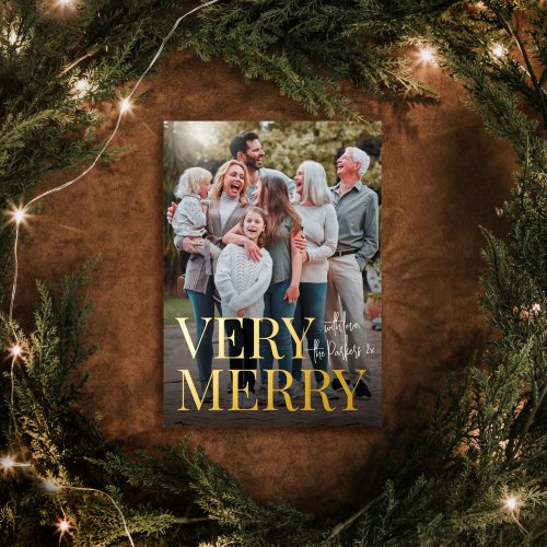 Real Foil  Very Merry Family Photo Christmas  Foil Holiday Card