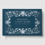 Real Foil Vintage Floral Blue Wedding Foil Guest Book<br><div class="desc">Real Foil Vintage Floral Blue Wedding Guest Book features a vintage flower frame border in silver foil script with your names,  location and wedding date on a blue background. Add your custom text on the spine of the guest book. Created by Evco Studio www.zazzle.com/store/evcostudio</div>