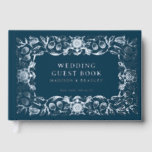 Real Foil Vintage Floral Blue Wedding Foil Guest Book<br><div class="desc">Real Foil Vintage Floral Blue Wedding Guest Book features a vintage flower frame border in silver foil script with your names,  location and wedding date on a blue background. Add your custom text on the spine of the guest book. Created by Evco Studio www.zazzle.com/store/evcostudio</div>