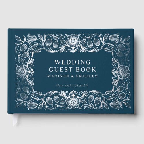 Real Foil Vintage Floral Blue Wedding Foil Guest Book