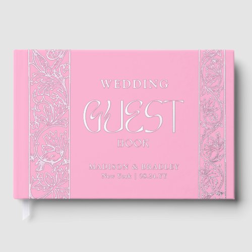 Real Foil Vintage Floral Pink Silver Wedding Foil Guest Book