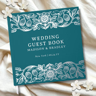 Real Foil Vintage Floral Teal Wedding Foil Guest Book