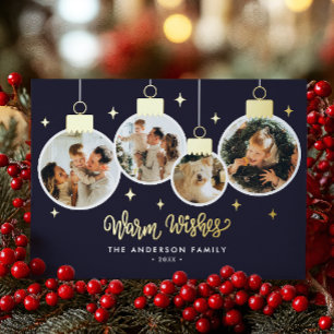 *REAL FOIL* Warm Wishes 4 Ornament Photos Foil Holiday Card