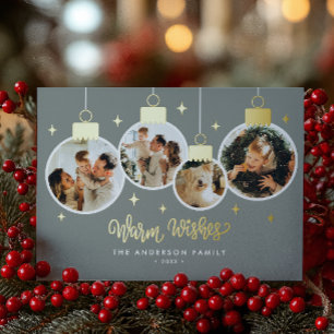 *REAL FOIL* Warm Wishes 4 Ornament Photos Foil Holiday Card