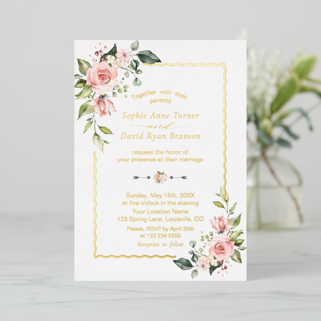 REAL FOIL Watercolor Pink Floral Wedding  Invitation (Standing Front)