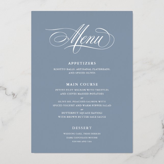 Real Foil Wedding Menu Classic Script Calligraphy (Front)
