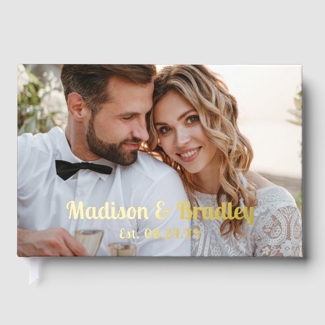 Real Foil Wedding Photo Personalized Names Guest Book (Front)