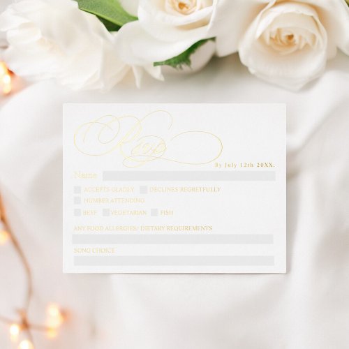 Real foil white calligraphy chic rsvp wedding foil holiday postcard