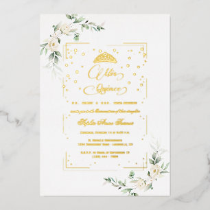 REAL FOIL  White Floral Mis Quince Quinceañera  Invitation