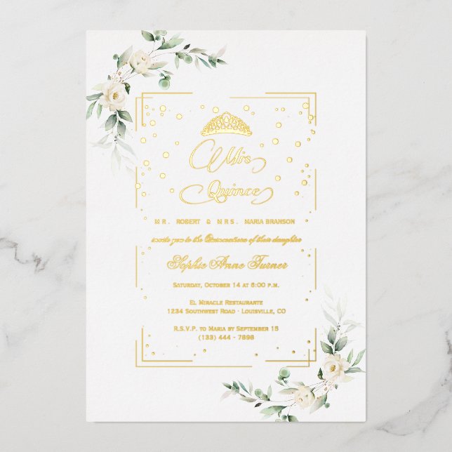 REAL FOIL  White Floral Mis Quince Quinceañera  Invitation (Front)