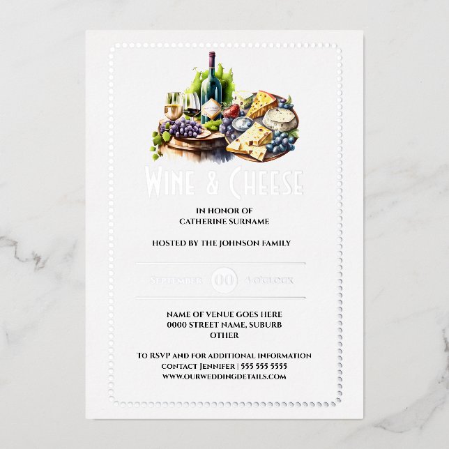 Real foil wine cheese charcuterie board silver foil invitation (Front)