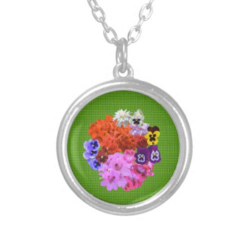 Real Garden Flowers Bouquet on green pattern Silver Plated Necklace