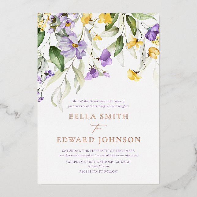 Real Gold and Purple Floral Monogram Wedding Foil Invitation (Front)