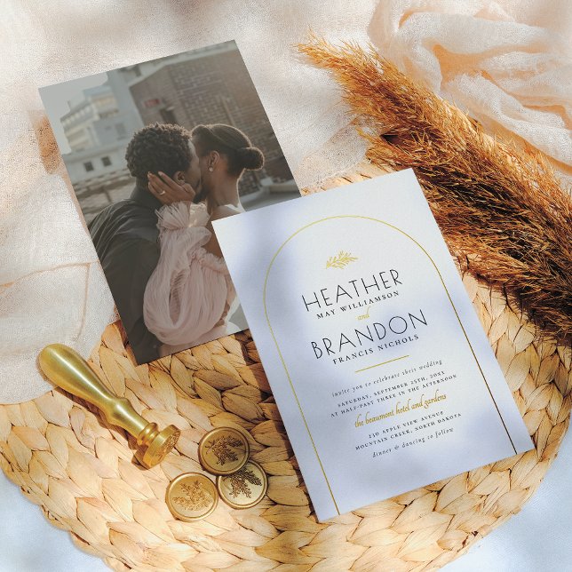 Real Gold Arch & Elegant Typography Photo Wedding Foil Invitation (Creator Uploaded)