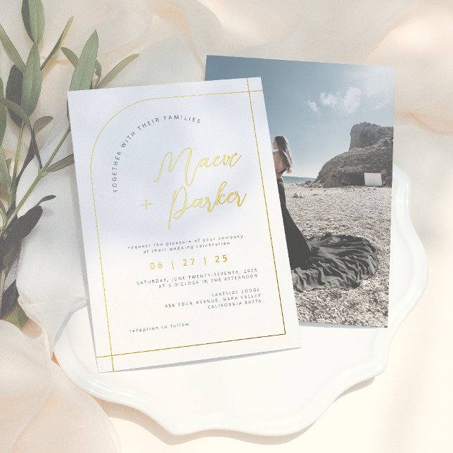 Real Gold Arch Elegant Typography Photo Wedding Foil Invitation (Creator Uploaded)
