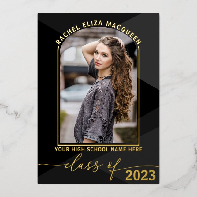 Real Gold Black Geometric Photo Graduation Foil Invitation (Front)