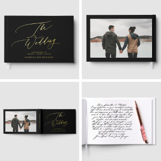 REAL GOLD | Black Modern Calligraphy Photo Wedding Foil Guest Book