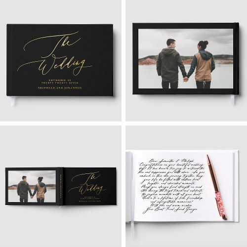 REAL GOLD  Black Modern Calligraphy Photo Wedding Foil Guest Book